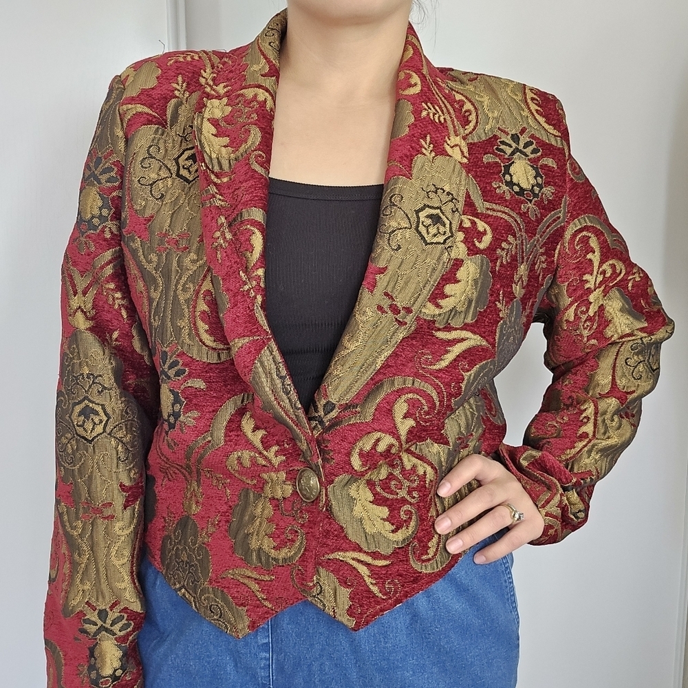 Expose Chenille Cropped Peaked Lapel Blazer Large‎ Paisley Red Gold Western Vtg